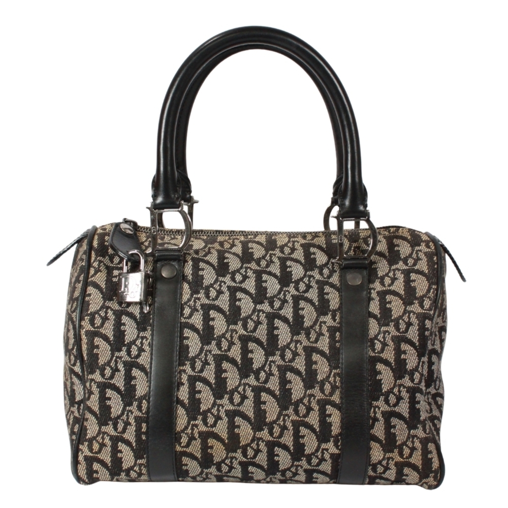 Christian Dior Mini Boston Bag, Trotter Pattern Handbag, Canvas Leather, Blac...